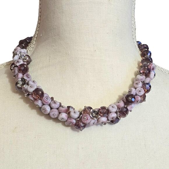 Necklace Vintage Beaded Light Purple Floral Cluster Silver Tone 18" SKU2422 - Picture 2 of 6